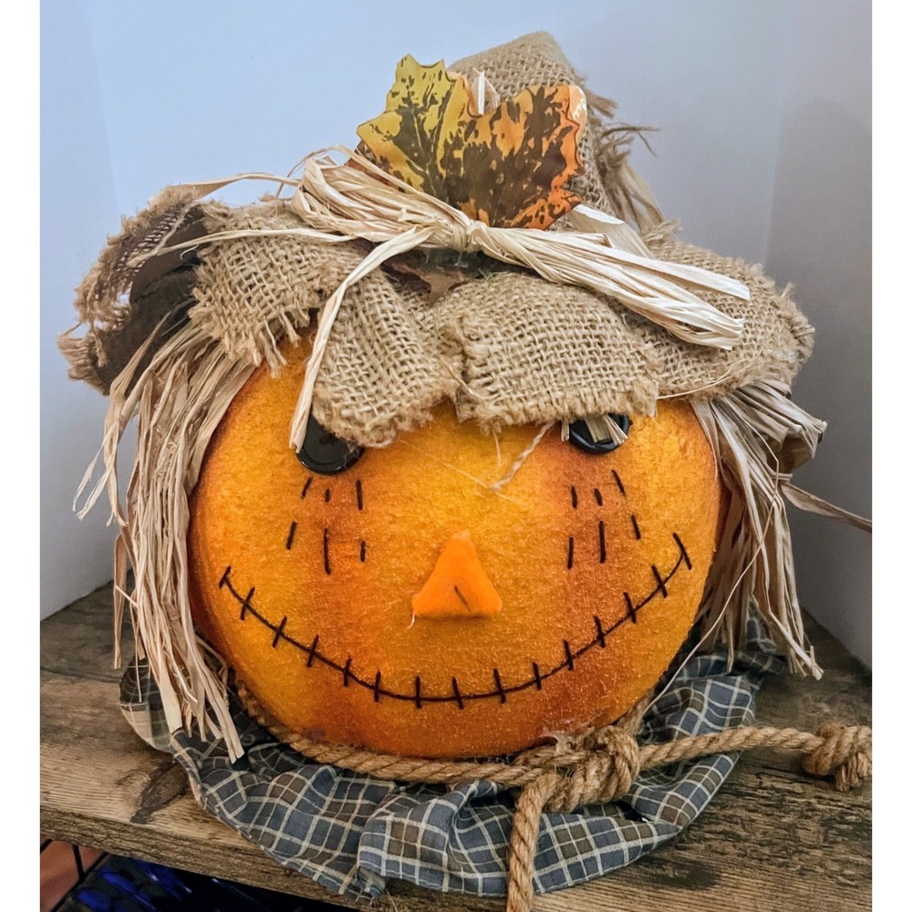 Rustic Burlap Scarecrow Pumpkin Head Fall Decor Halloween Thanksgiving 9 Inch